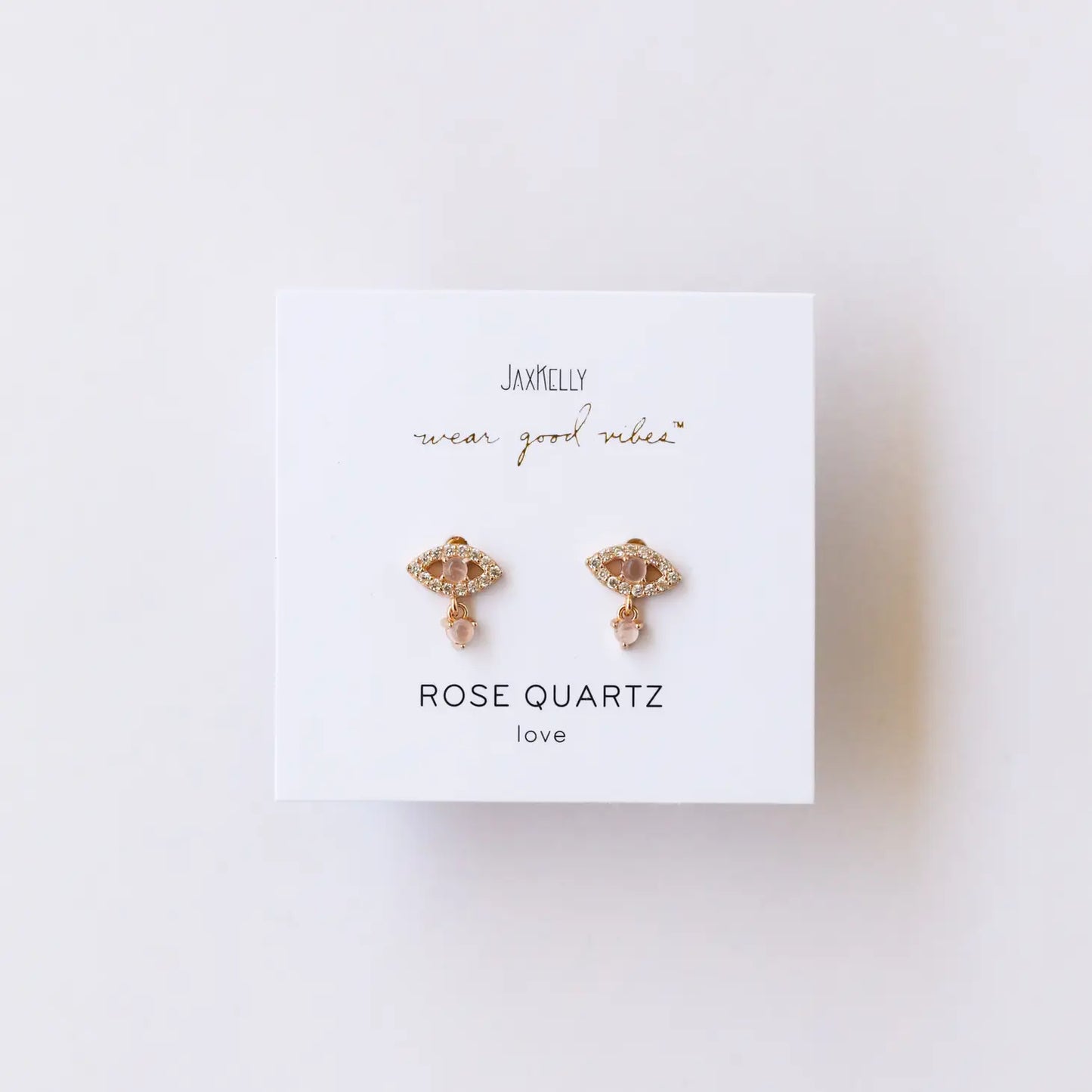 JaxKelly Evil Eye Drop Rose Quartz Earrings